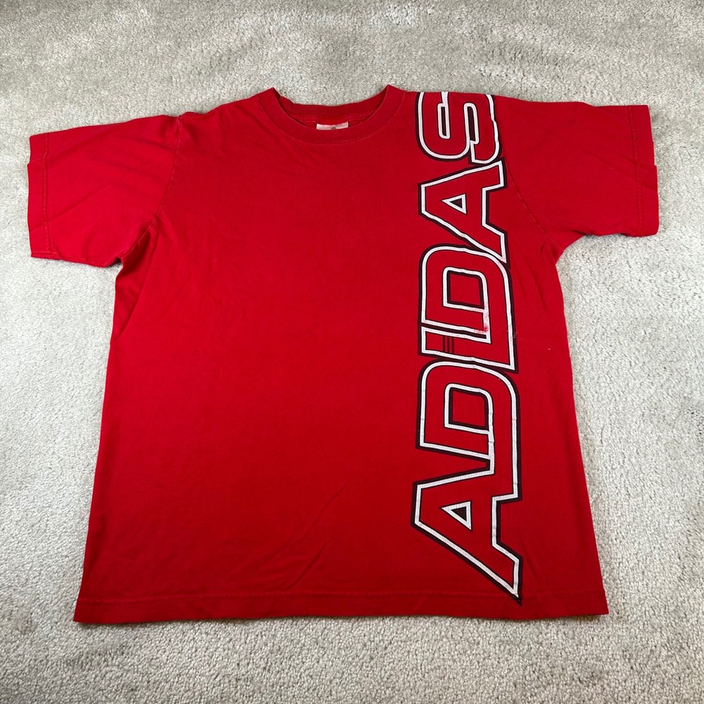 VTG Adidas Graphic T-Shirt Mens M Red Vertical Logo Short Sleeve Crew Neck Tee